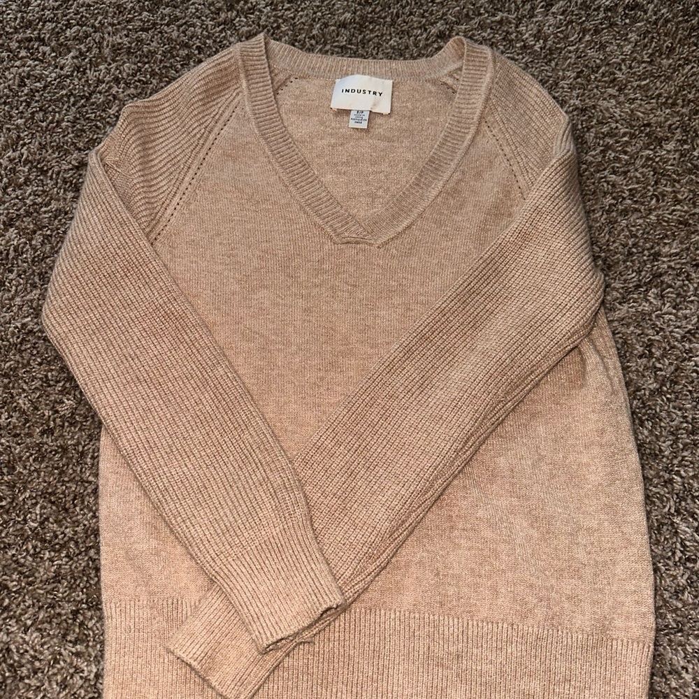 Tan V-Neck Sweater with Ribbed Cuffs and Hem